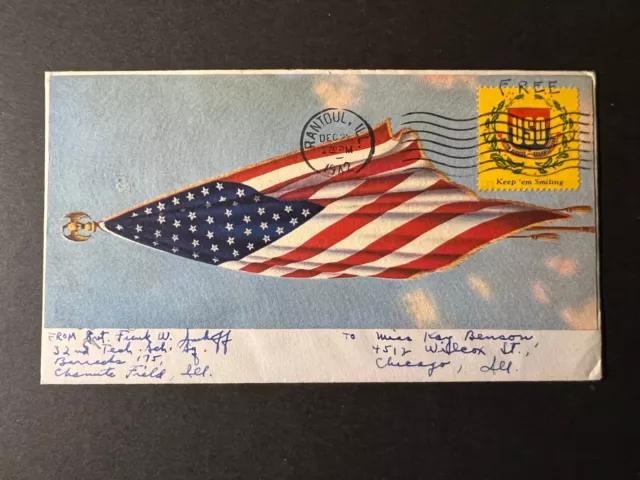 1942 USA WWII Patriotic Soldiers Mail Cover Rantoul IL to Chicago IL USO