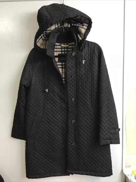 Burberry 3/4 Coat Black Light Quilted With Brown Plaid Wool Lining/Hood Size 6