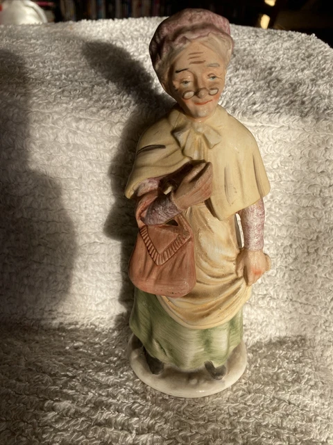 NORLEANS Japan Vintage Ceramic Old Elderly Woman Lady Glasses Purse Figurine 7.5