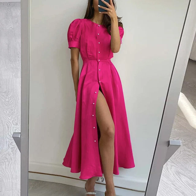 Women Solid High Waist Shirt Maxi Dress Ladies Summer Casual Buttons Sundress US