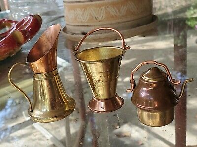 3 Pc Vintage Miniature Brass & Copper Doll House Kitchenware Scuttle Jug Pail