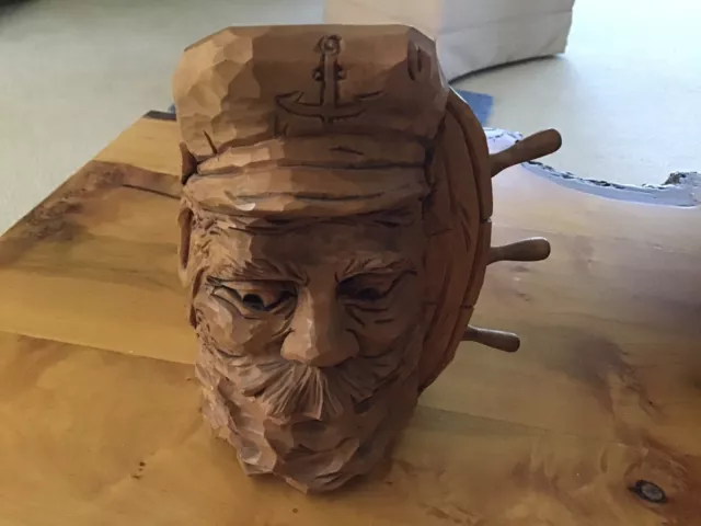 Vintage Hand Turned/Carved Wood Whimsical Bearded Sea Captain Mug