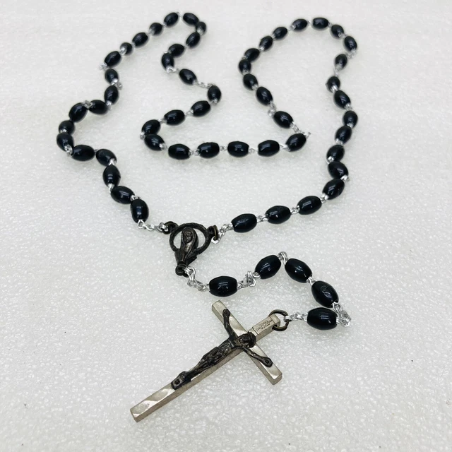 ¡DE COLECCIÓN! Rosario Crucifijo de Metal Negro Plástico y Tono Plateado • ¡Hecho en ITALIA!! • ¡SH GRATIS!