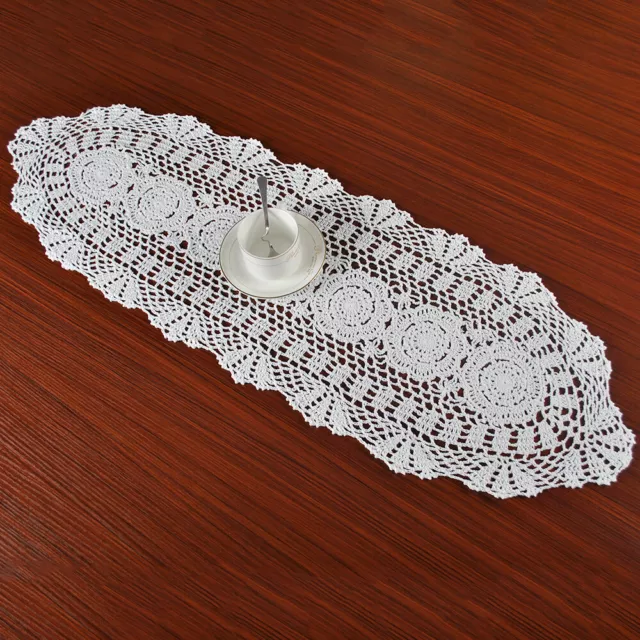 11"x35" White Vintage Lace Table Runner Hand Crochet Dresser Scarf Oval Wedding 2