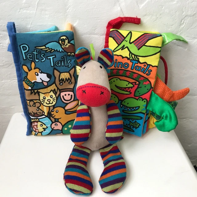 2 JELLYCAT SOFT sensory Books Dino & pets tails & jazzie pony plush