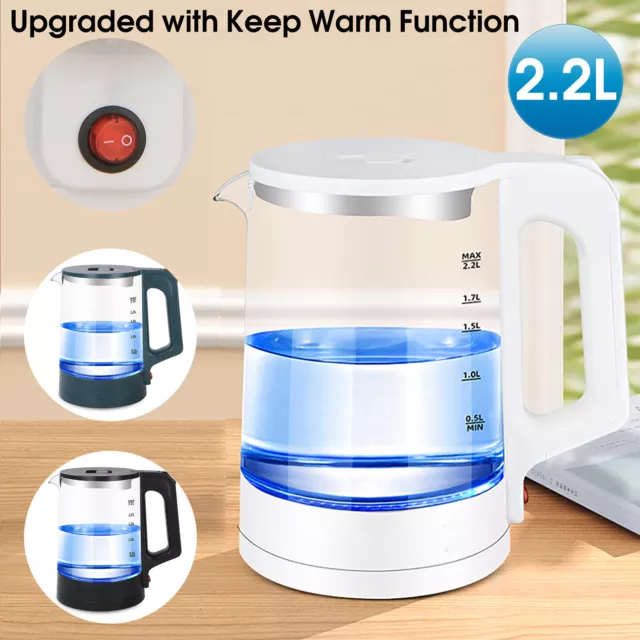 2.2L Glass Cordless Electric Kettle Blue Led Light Automatic Water Jug Keep Warm