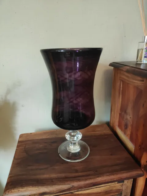 Mikasa ? Large Vintage Amethyst Purple Glass Candle Holder Vase Goblet  38cm