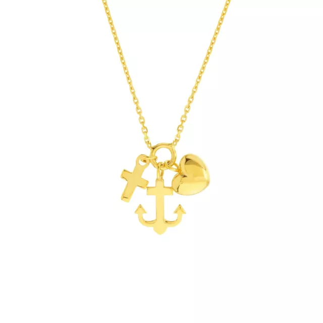 Heart Anchor Cross Pendant Solid 14K Real Gold Faith Hope Charity Charm Necklace