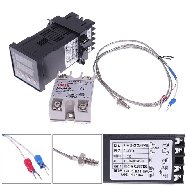 PID Temperaturregler Set Rex-C100 + SSR 40A + K-Thermoelement + Kühlkörper - 100-240V AC