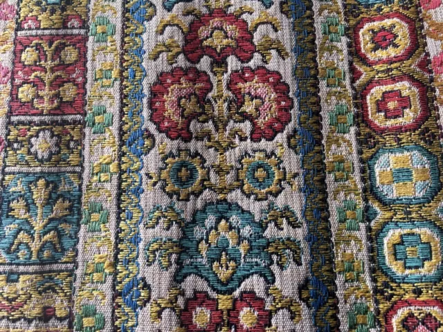 Antique French Floral Cotton Brocade Jacquard Fabric Sample~  Teal Blue Red