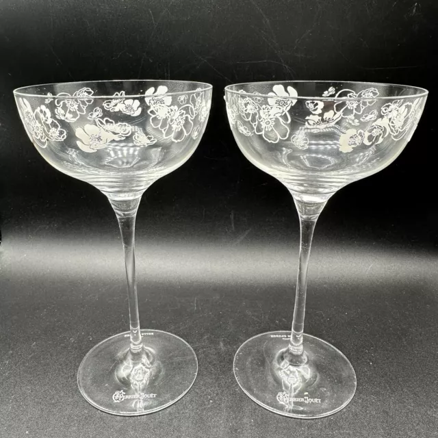 2 Perrier Jouet Wedding Champagne Coupe Saucer Glass Etched Flower DISCONTINUED