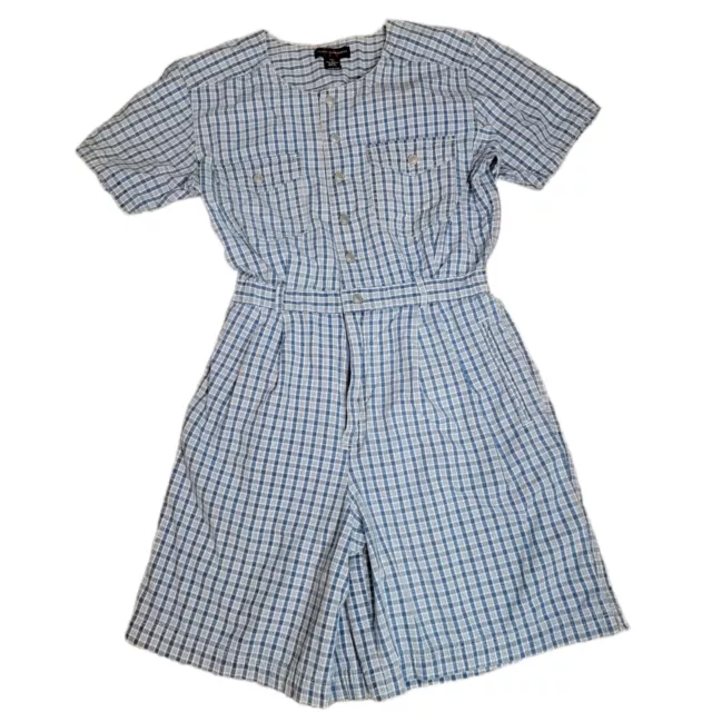 Vintage Gloria Vanderbilt Shortalls Romper Size Large Blue White Plaid Cotton