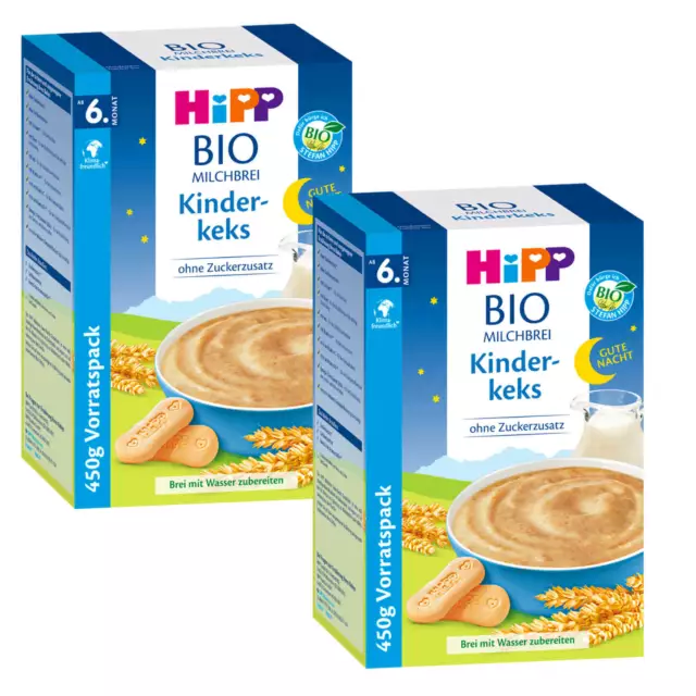 2x 450g HiPP Bio Papilla Lacteada Buenas Noches Kinderkeks Sin Azúcares Añadidos