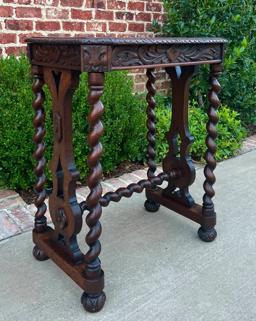 Antique French Side End Table BARLEY TWIST Carved Oak Renaissance Drawer 19th C