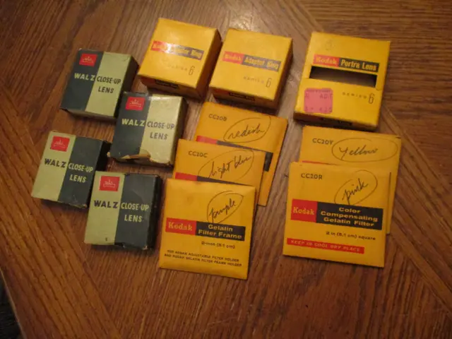 Lot of 12 Kodak and  Walz camera accessories. Close up lens x 4, and more.