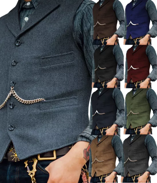 Retro Formal Mens Vintage Tweed Waistcoat Vest Herringbone Lapel Groom XS-3XL