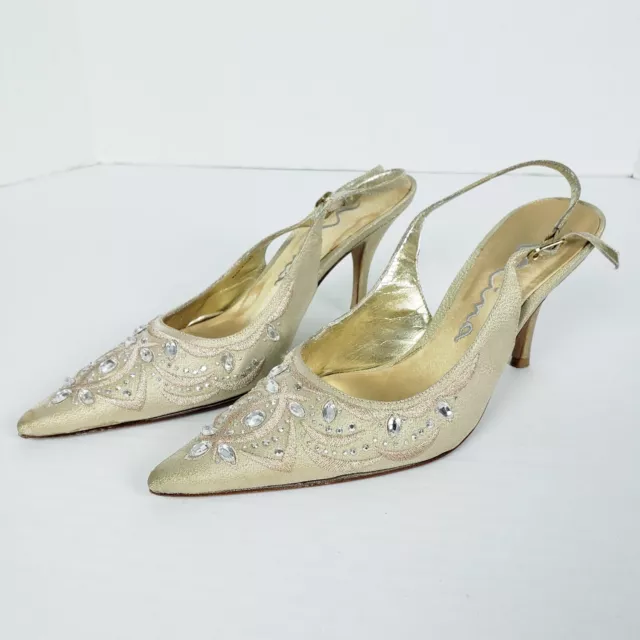 Nina Ricci Gold Stilleto Heel Pointed Toe Rhinestone Embellished Embroidered 7.5