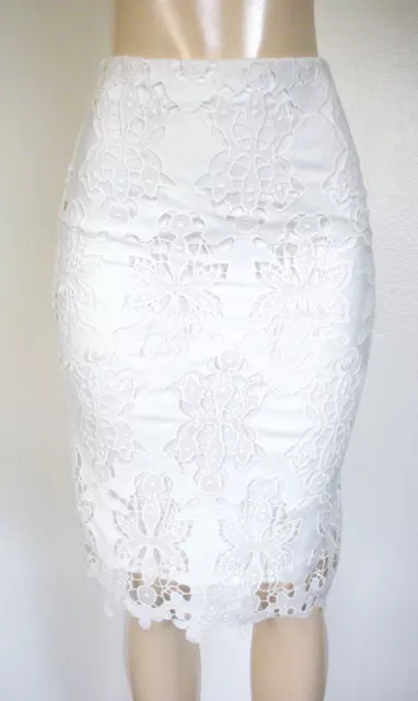 H&M XS White Floral Lace Overlay Crochet Knee Length Straight Pencil Skirt