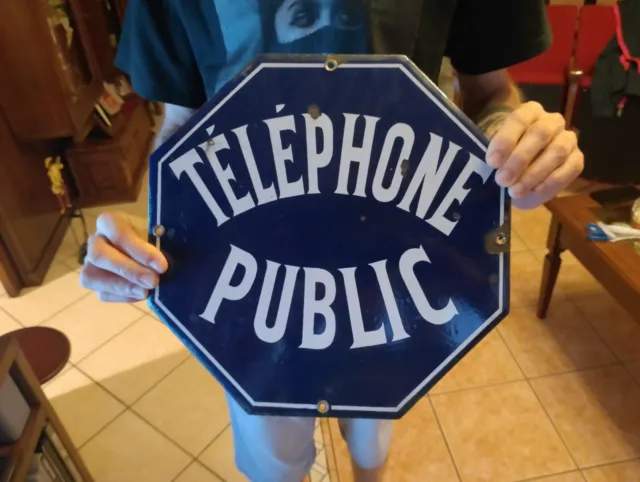 Plaque Octogonale En Tôle Émaillée " Téléphone Public " Années 60 - 70 2