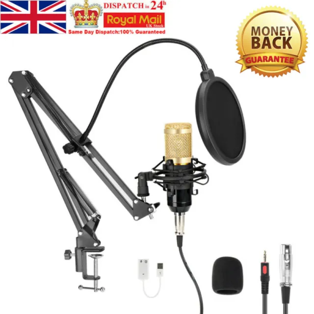 USB Streaming Podcast PC Microphone Studio Cardioid Condenser Live Mic Kit UK