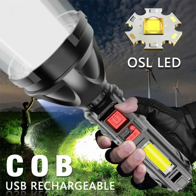 Powerful 80000LM COB+ LED Flashlight USB Rechargeable 4 Modes Torch For Hiking