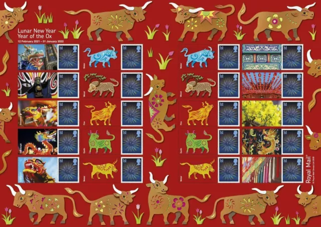 GB 2020  - Lunar New Year - Year of the Ox Smilers Sheet - 20 x 1st Class Stamps