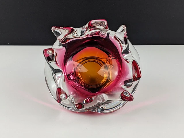 Chribska Pink Orange and Clear Glass Bowl Ashtray, 1970's Czech Art Glass