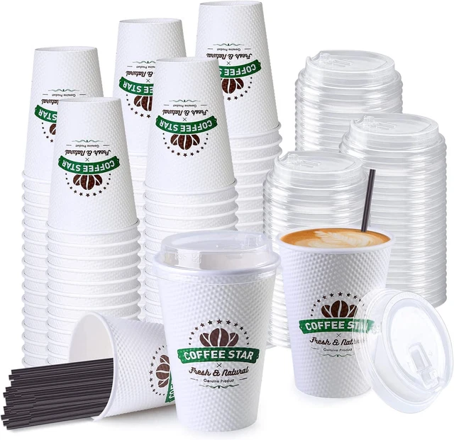 100 PACK 12 Oz Disposable Coffee Cups with Lids and Coffee Stirrers, to