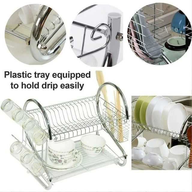 2-Tier Drying Dish Rack and Drain Board Set Utensil Holder Metal Kitchen Counter