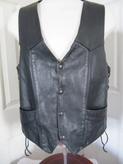 MEN'S LEATHER BIKER Vest Size 46 Snap Front Lace Up Sides Made In USA 2 ...