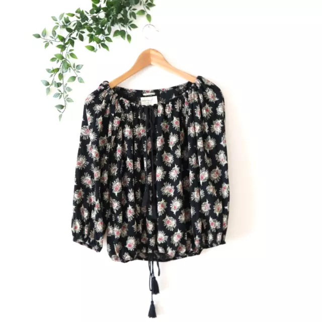 Denim & Supply Ralph Lauren Women's RL Boho Black Floral Tassel Tie Top Size S