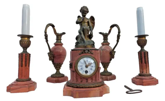 Garniture de cheminée 5 pièces style Louis XVI pendule angelot bronze XIXème