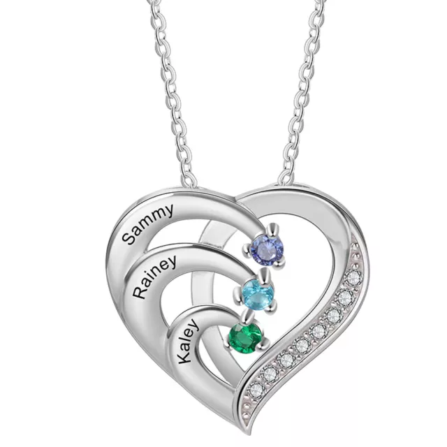 925 Silver Birthstone Heart Necklace with Family Name Custom for Mother Grandma