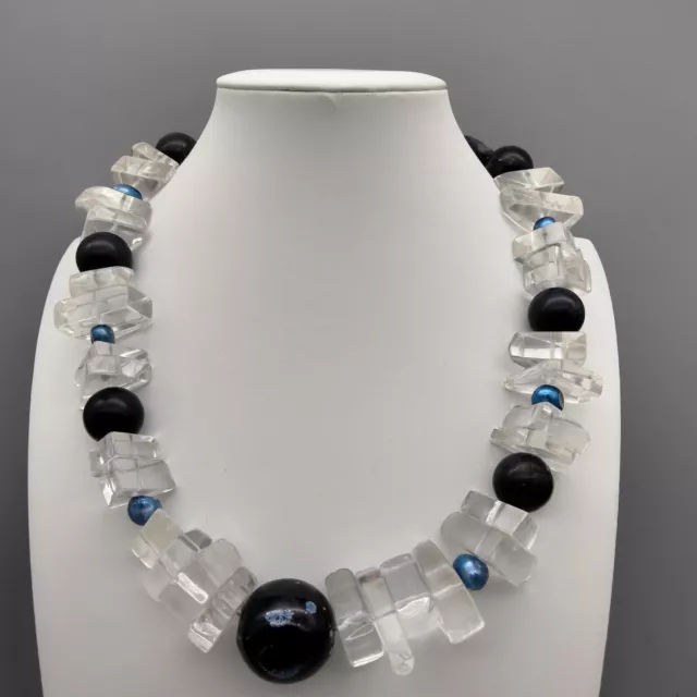 Boho Chic Blue Stone Necklace Genuine Pearl Silver Tone Bold Statement Vintage