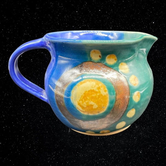 Tracie Manso Art Pottery Blue Green Small Pitcher Signed 4”T 6”W