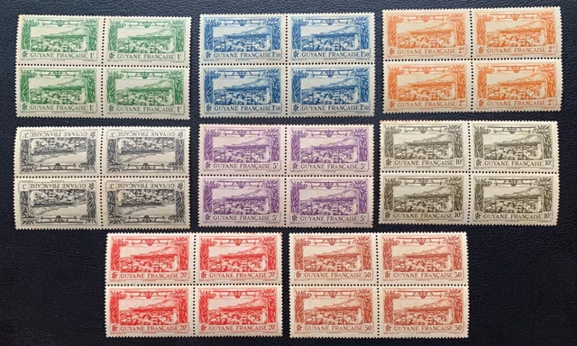 1933-42 French Guyana Cayenne Airmail Set Of 8 Blocks Of 4 Mnh Og A Nice Set Vf