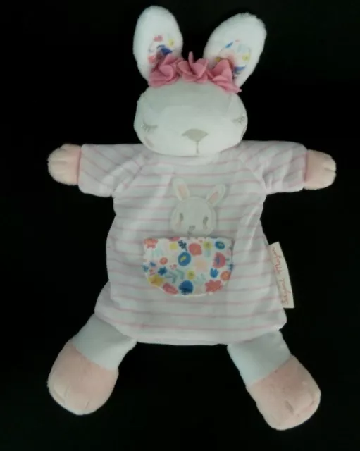 E. Doudou Marionnette Sergent Major Lapin Rose Raye Blanc Poche Fleur 100% Neuf