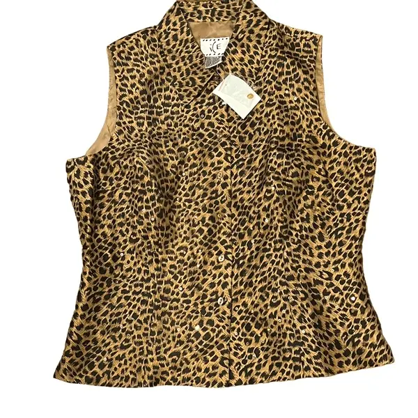 Vintage ICE 100% Silk Button Down sleeveless blouse Cheetah Print Size Med NWT