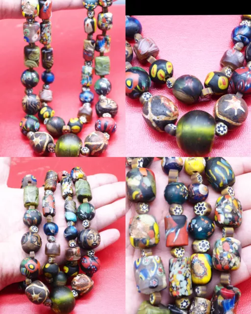 OLD GLASS BEADS Ancient Romans Color Full Trade Jewelry Necklace String #A1715