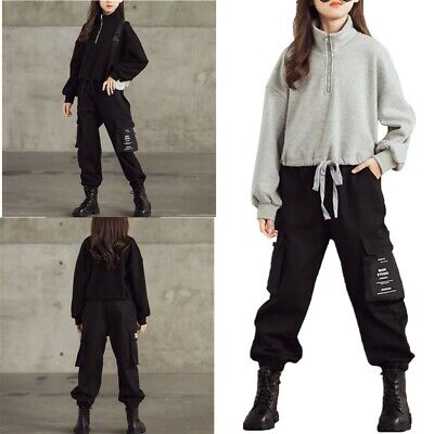 Kids Girls Fashion Outfit Stand Collar Drawstring Pullover Tops Cargo Pants  Set