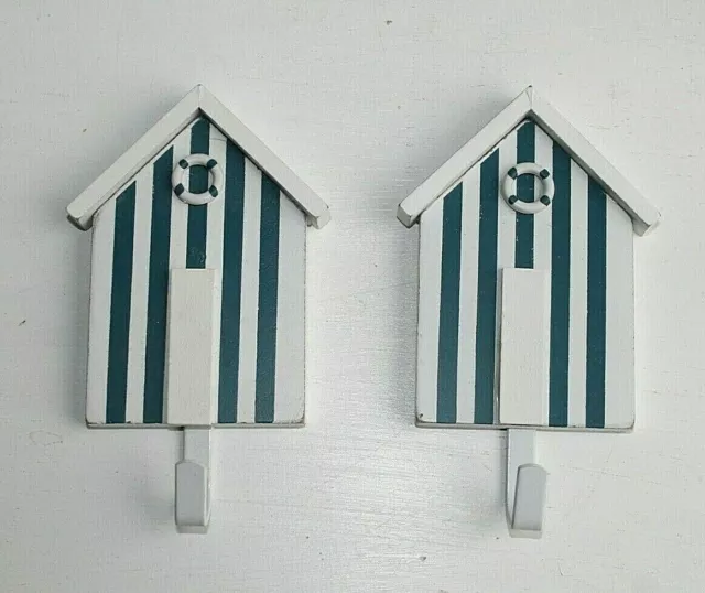 Blue & White Striped Wall Hanging Beach Hut with Hooks Coastal  * Sets of 4 or 2