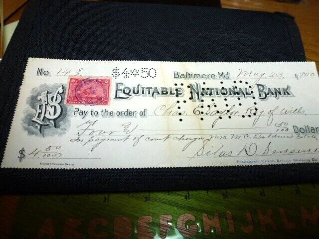 Bold check,  Pmt for court charges., rev. stamp,  1900 Baltimore Maryland MD