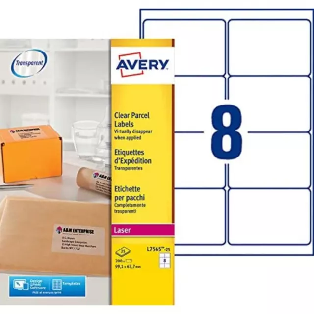 Avery Self Adhesive Clear Parcel Shipping Labels, Laser Printers, 8 Labels Per A