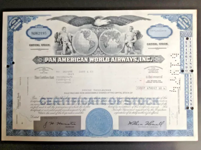 👍 Usa Pan American World Airways 1,000 Shares Certificate