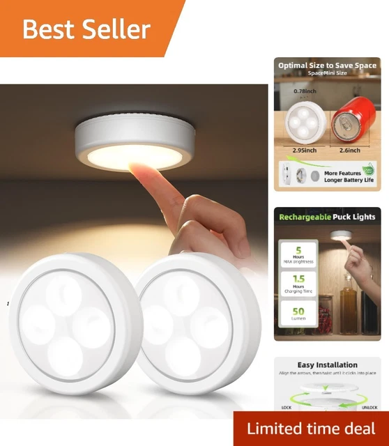 EZVALO LED PUCK Lights, 2 Pack Rechargeable Touch Light, 3'' Mini Tap ...