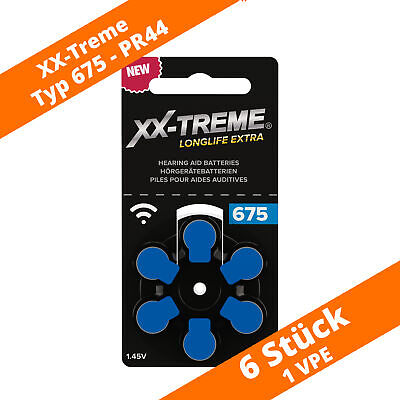 6 baterías de audífonos extra XX-TREME Longlife tipo 675 PR44 azul NUEVO