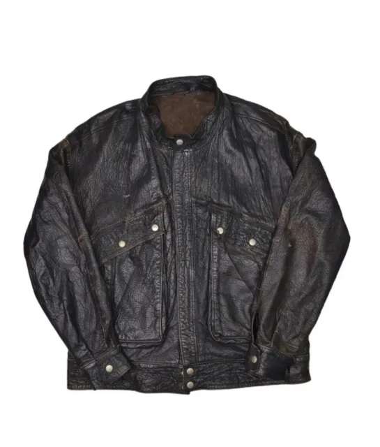 Vintage 70s Lamb Leather Jacket Mens 50 XL Black Moto Biker Wrinkled France