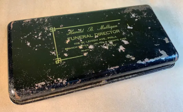 Funeral Directors Advertising Black Metal Box "Harold B Mulligan" Philadelphia