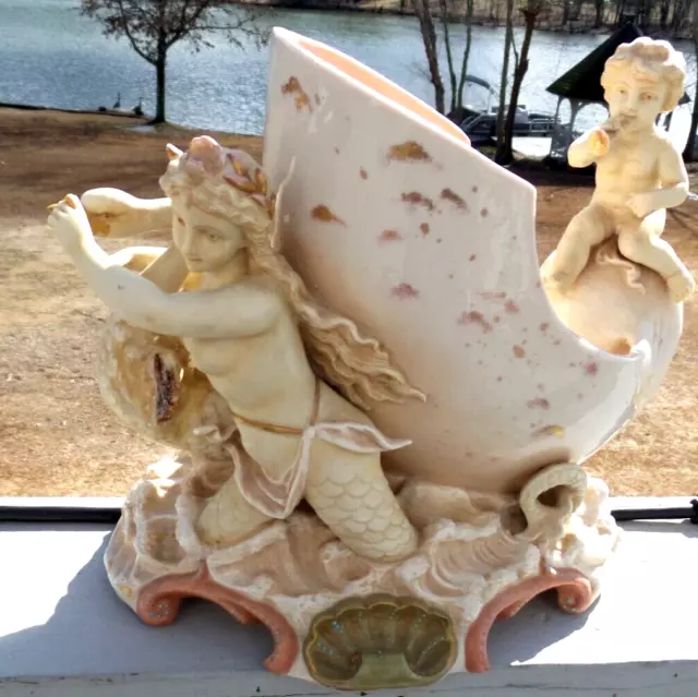 Antique Royal Rudolstadt Large Figurine Seashell With Mermaid And Swan
