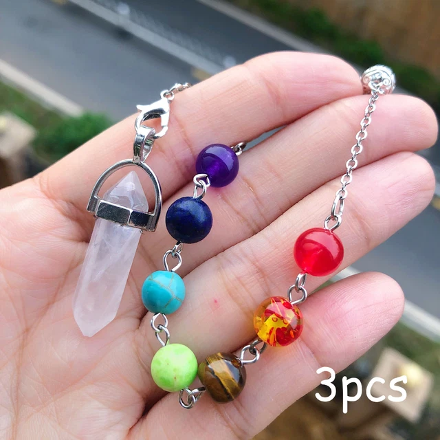 3pcs Rock Quartz Gemstone 7 Chakra Pendulum Reiki Healing Amulet
